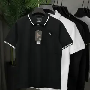Black Polo T-Shirt with White Stripes and Leofigures Sports Logo