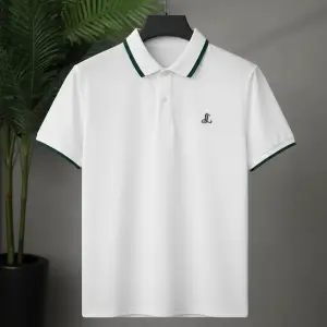 White Polo T-Shirt with Green And Black Stripe Collar