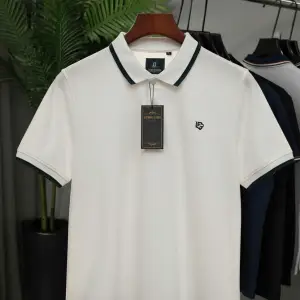 White Polo T-Shirt with Green & Black Stripes and Leofigures Sports Logo