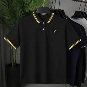 Mens Black Polo T-Shirt  Yellow Stripes