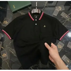 Black Polo T-Shirt with Red & White Striped Collar - CUSTOM_SIZE / BLACK
