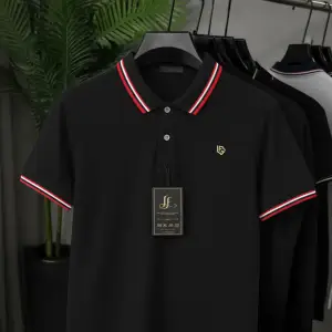 Black Polo T-Shirt with Red & White Stripes Leofigures Sports Logo
