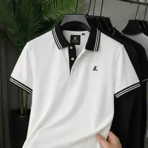 Leofigures Mens White Premium Polo Shirt with Black Contrast Striped Collar & Cuffs