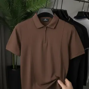 Leofigures Premium Brown Mens Short-Sleeve Quarter-Zip Polo with Front Seam